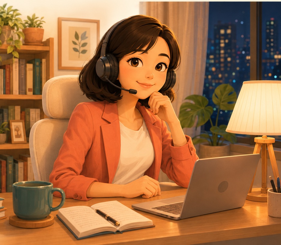 아늑한 서재에서 헤드셋을 낀 에이전트 수지 캐릭터가 노트북 앞에 앉아 있는 일러스트