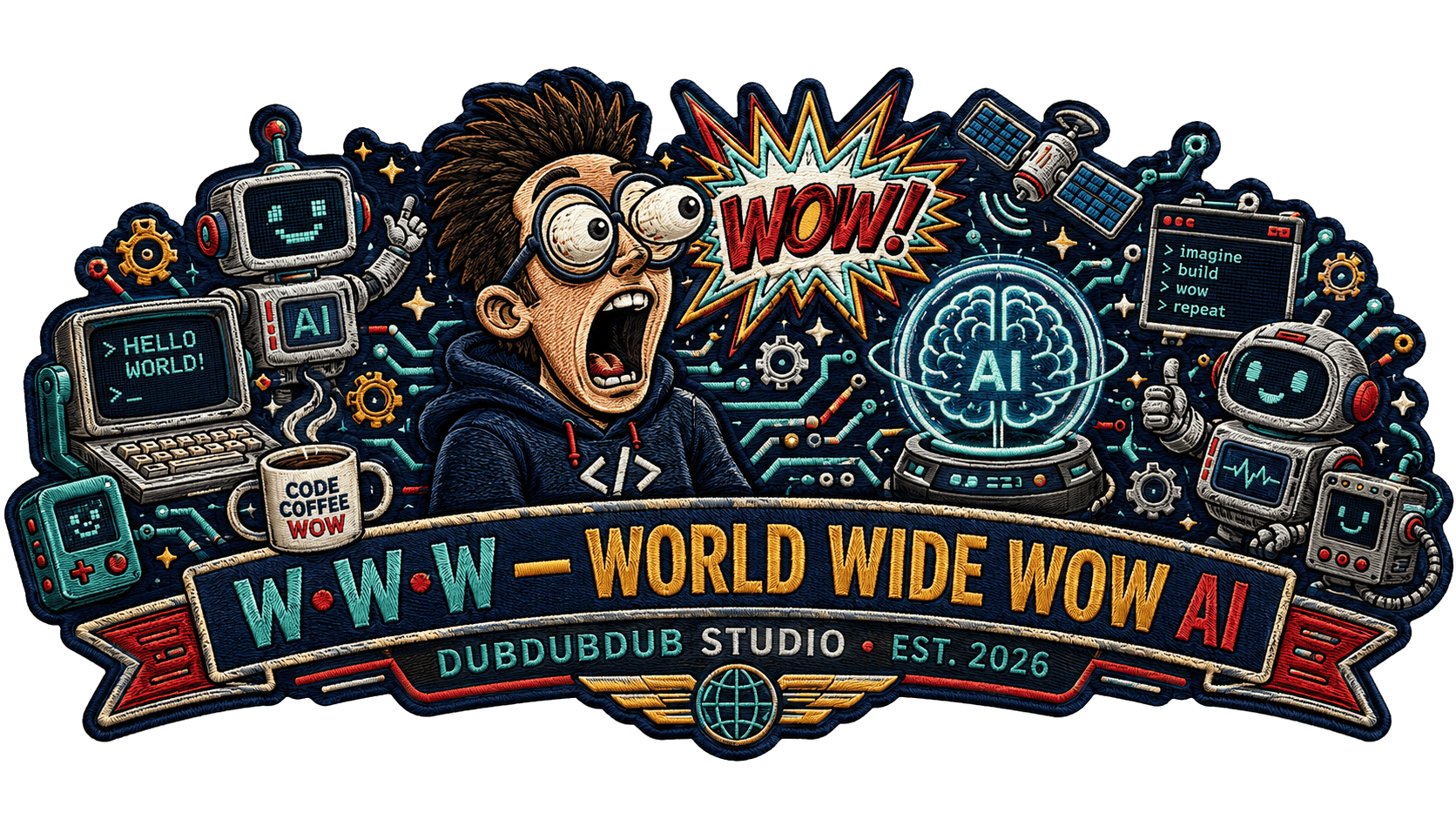 WORLD WIDE WOW AI — 눈이 튀어나오게 놀란 긱 캐릭터와 AI·로봇·터미널이 가로로 어우러진 덥덥덥 스튜디오 자수 히어로 배너